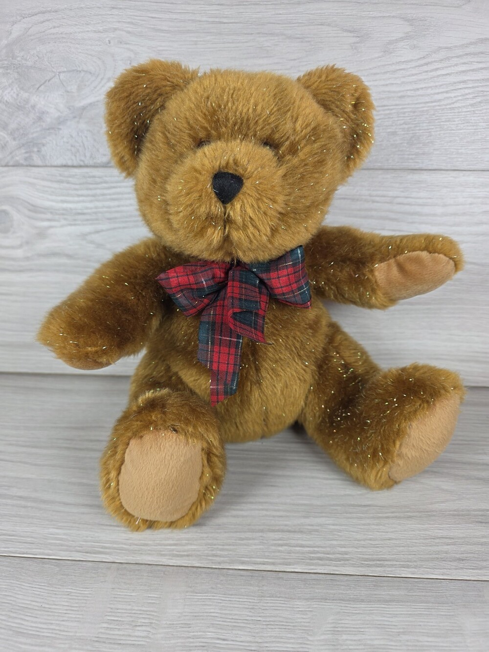 Plush Teddy Bear w Plaid Bow and Metallic Gold Strands Holiday Festive 12" SU46